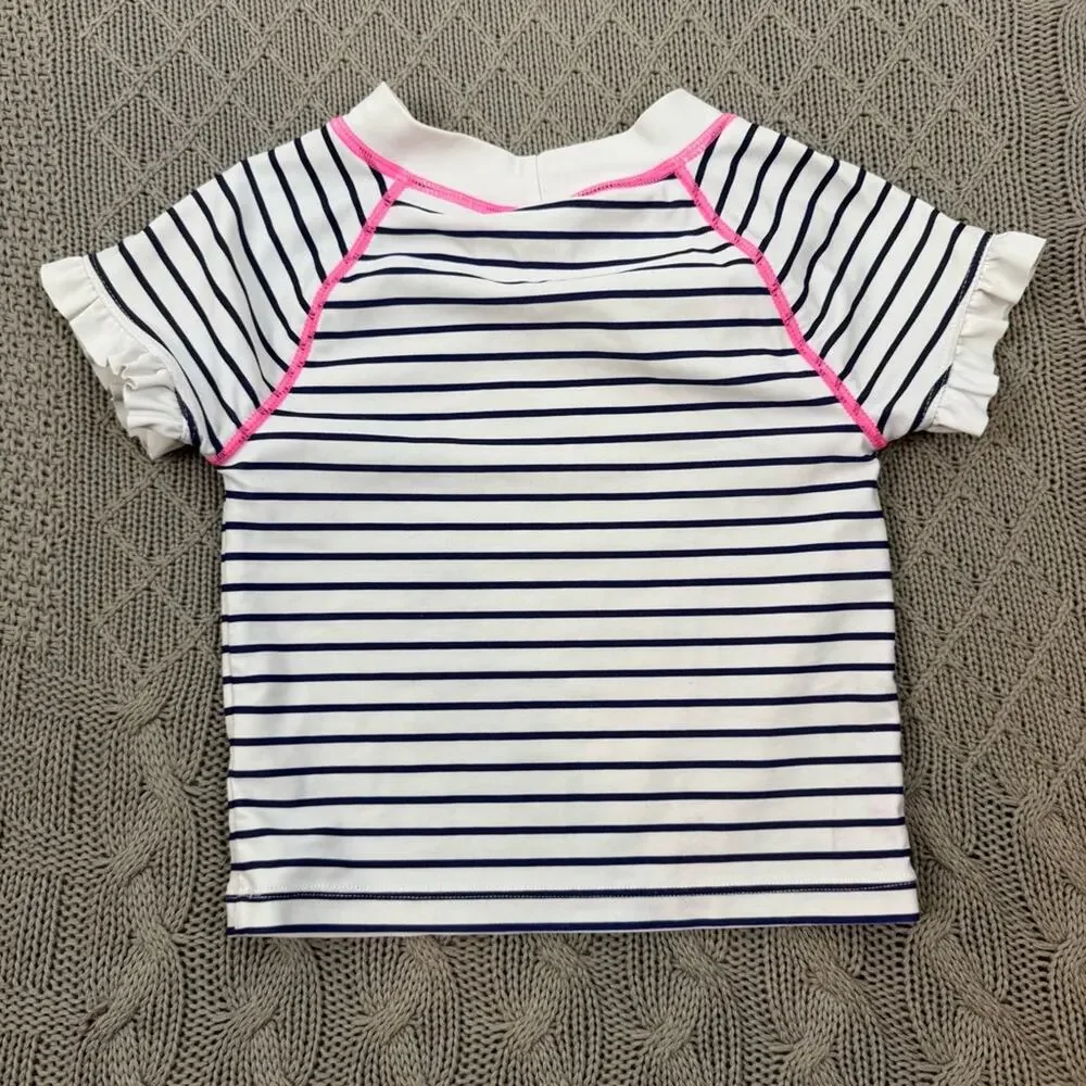 Janie and Jack Striped Kids Swim Top Rash Guard with Pink Accents ~ 4